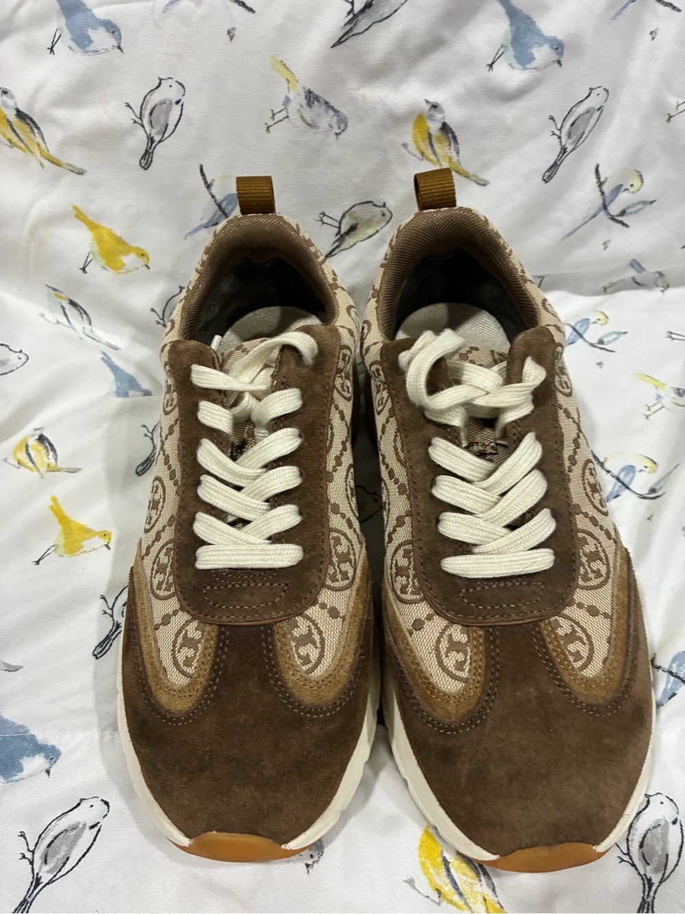 Tory Burch Brown and Cream Monogram Lace-Up Sneakers